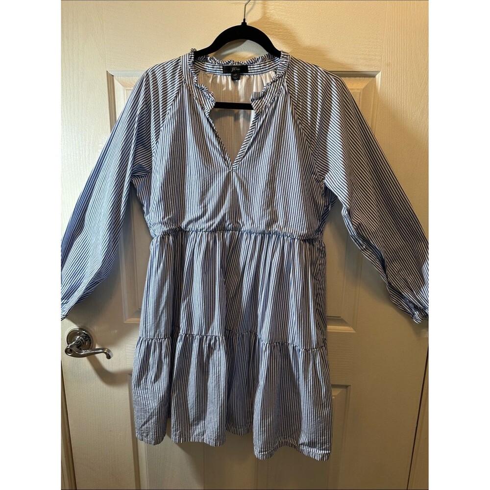 J. Crew Blue and White 100% Cotton Striped Mini Dress Side Zip & Pockets Size MP